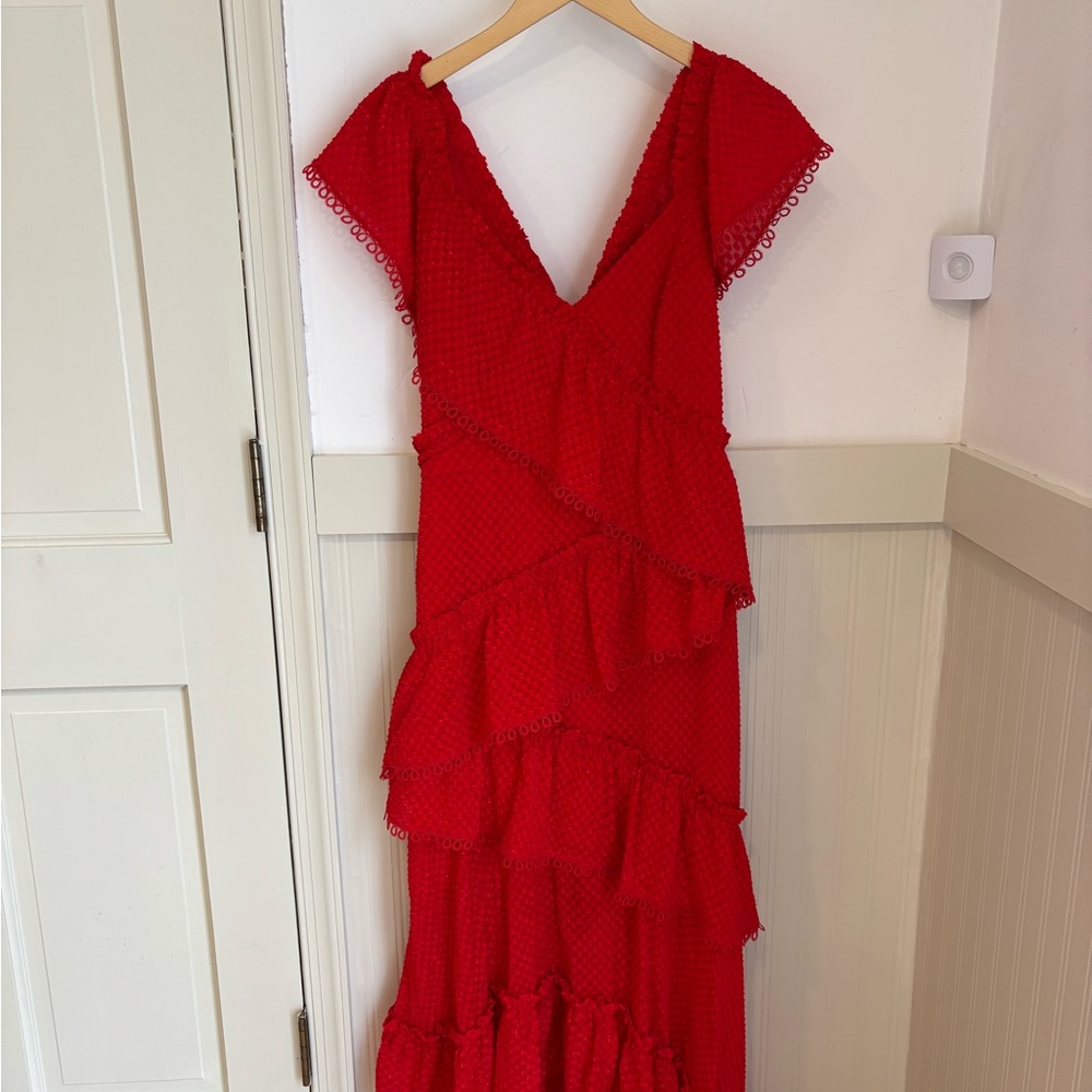 Three Floor Vibrant Red Layered Midi Dress
